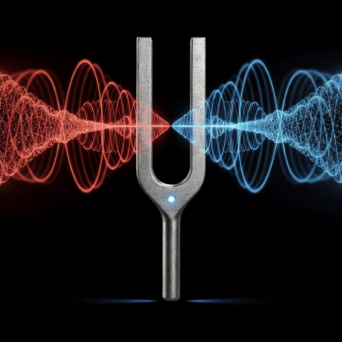 Tuning fork with red chaos waves transforming into clean blue signal — the Signal Forge brand concept