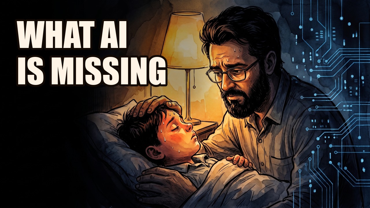 A father sitting in the dark beside his feverish son, a cold circuit board glowing nearby