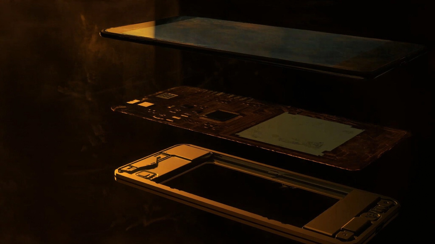 A phone separated into its layers — hardware, software, identity